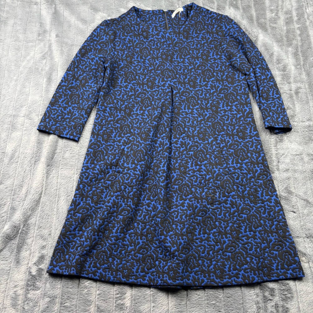 Tyler Boe Blue Black Jacquard Knit 3/4 Sleeve Shift Dress Large 13422